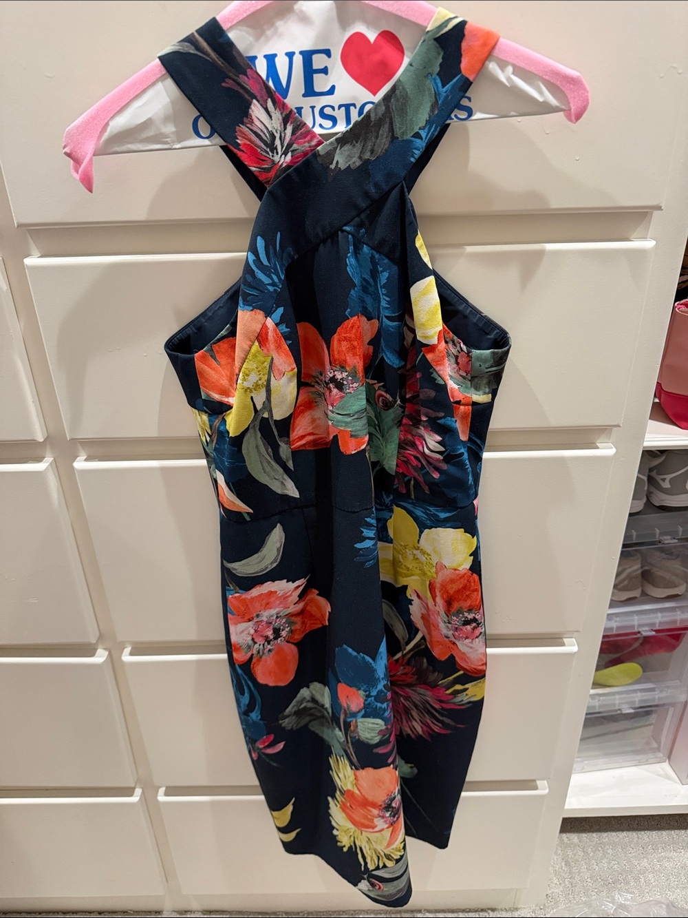 Trina Turk Navy Floral Crossback Mini Dress with Orange, Yellow & Green Flowers